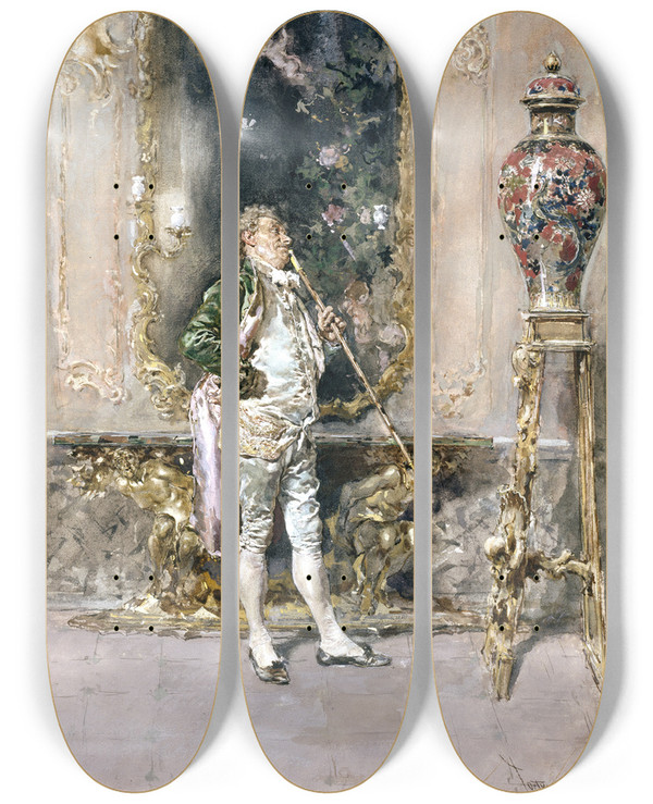 Triptych art skateboard deck of Mariano Fortuny Marsal The Rare Vase by Mariano Fortuny Marsal (1838-1874)