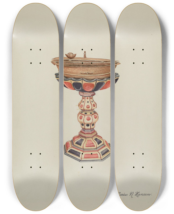 Triptych art skateboard deck of Marius Hansen Baptismal Font Stand by Marius Hansen
