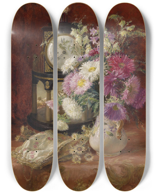 Triptych art skateboard deck of Emil Czech Stillleben Mit Antiker Uhr by Emil Czech (1862-1929)