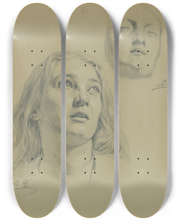 Triptych art skateboard deck of Gyula Benczr Study Of Female Heads by Gyula Benczur (1844-1920)
