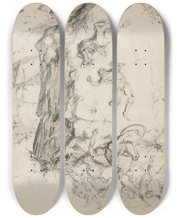 Triptych art skateboard deck of Ivan Ivanec Scena Walki Toczonej Nad Przepaci by Ivan Ivanec (1893-1946)
