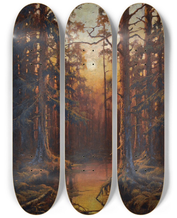 Triptych art skateboard deck of Julius Sergius Klever Forest Sunset by Julius Sergius Klever (1850-1924)