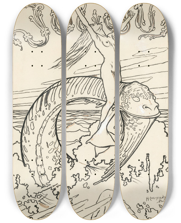 Triptych art skateboard deck of Hans Christiansen Die Woge by Hans Christiansen (1866-1945)