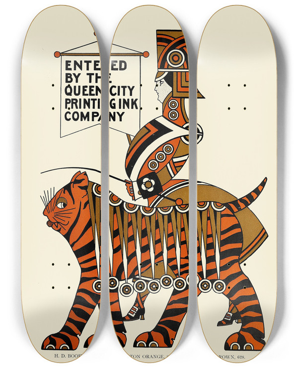 Triptych art skateboard deck of Augustus Jansson Queen City Ink Ad 10 by Augustus Jansson (1863-1931)