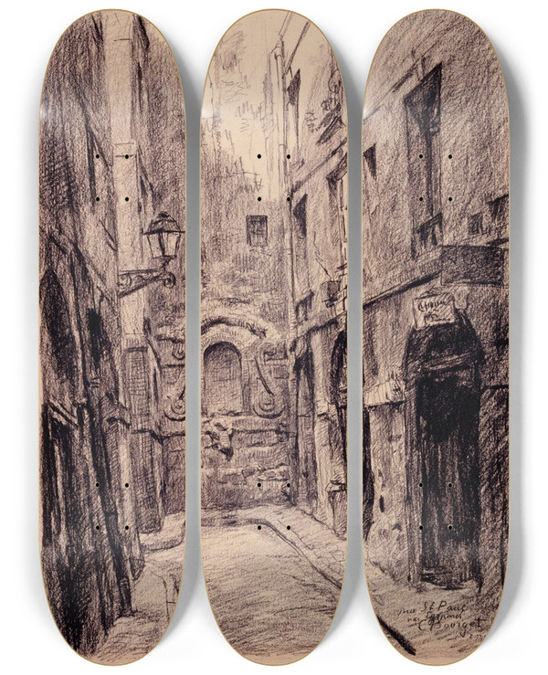 Triptych art skateboard deck of Camille Bourget La Rue Saintpaul Rue Eginhard by Camille Bourget (1861-1924)