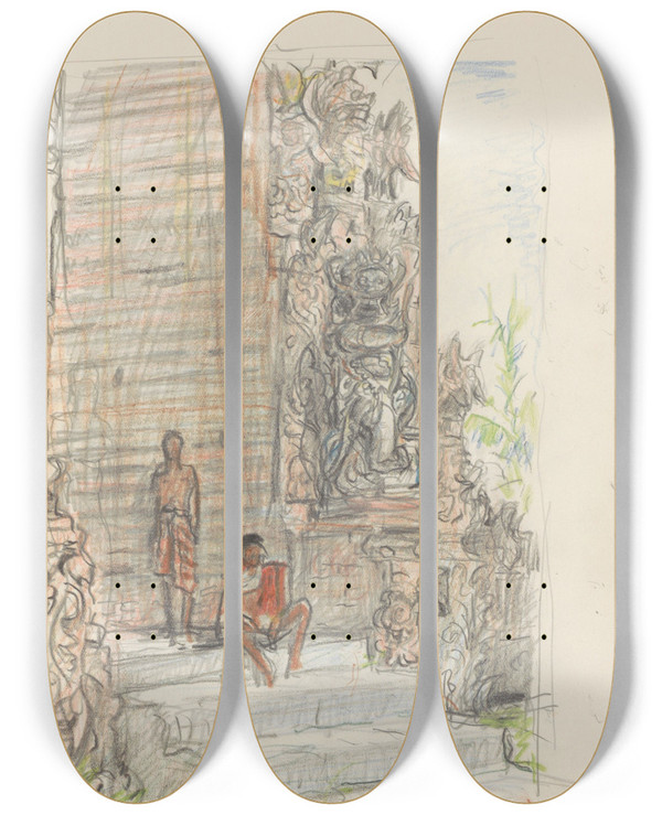 Triptych art skateboard deck of Marius Bauer Figuren Op Een Tempeltrap_2 by Marius Bauer (1867-1932)