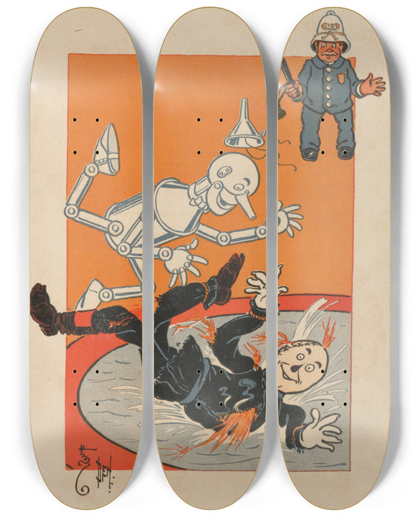 Triptych art skateboard deck of William Wallace Denslow Denslows Scarecrow And The Tinman Pl4 by William Wallace Denslow (1856-1915)