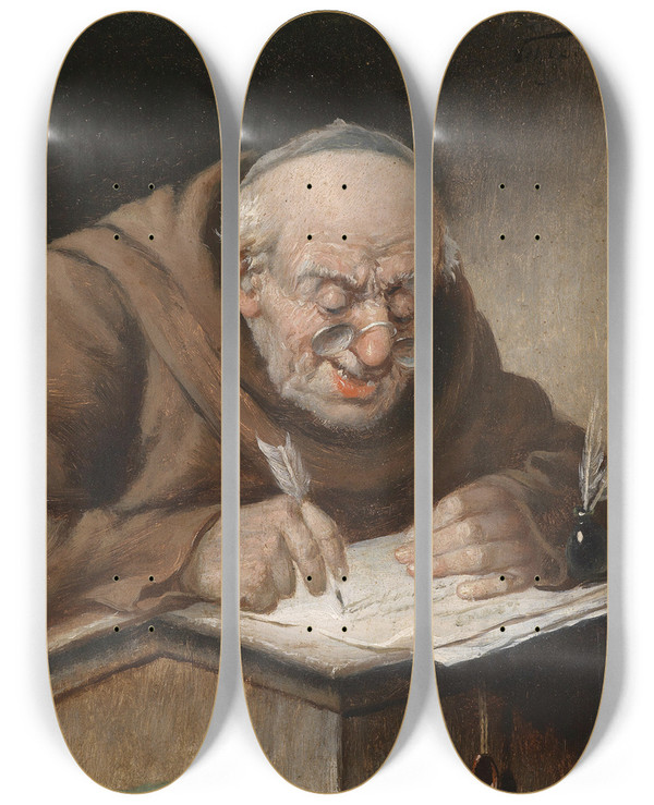Triptych art skateboard deck of Carl Schleicher Schreibender Mnch by Carl Schleicher (1825-1903)