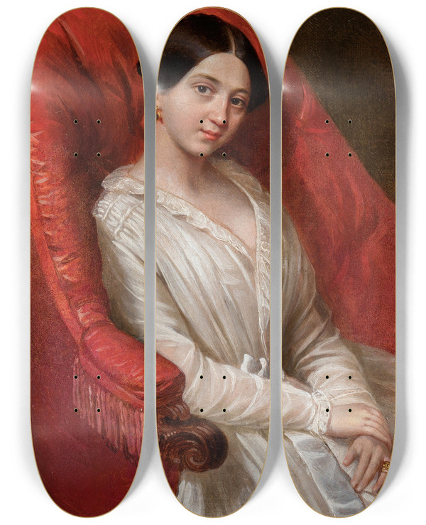Triptych art skateboard deck of Ksawery Jan Kaniewski Portrait Of A Lady In A White Dress by Ksawery Jan Kaniewski (1805-1867)
