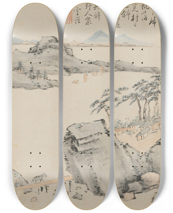 Triptych art skateboard deck of Xiao Yuncong Album Of Seasonal Landscapes Leaf C Previous Leaf 6 by Xiao Yuncong (1596-1673)