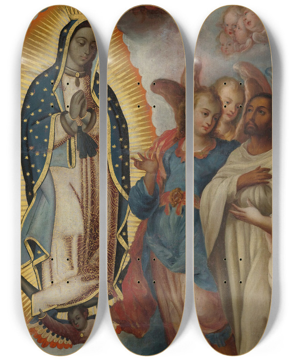 Triptych art skateboard deck of Mexican School Virgen De Guadalupe Con Juan Diego by Mexican School