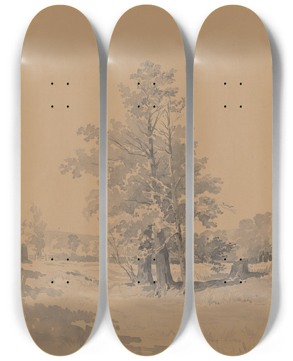 Triptych art skateboard deck of Friedrich Carl Von Scheidlin Trees At The Edge Of The Forest by Friedrich Carl Von Scheidlin (1822-1913)