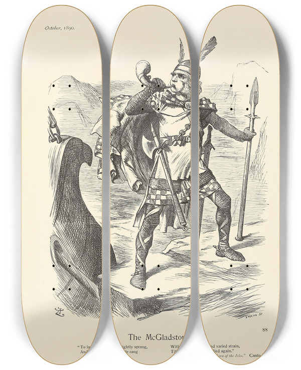 Triptych art skateboard deck of Sir John Tenniel The Mcgladstone by Sir John Tenniel (1820-1914)