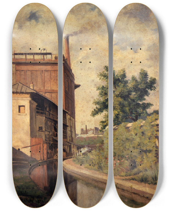 Triptych art skateboard deck of Alfredlouis Bahuet La Bivre Rue Croulebarbe Usine De La Veuve Lanier by Alfred-Louis Bahuet (1862-1910)