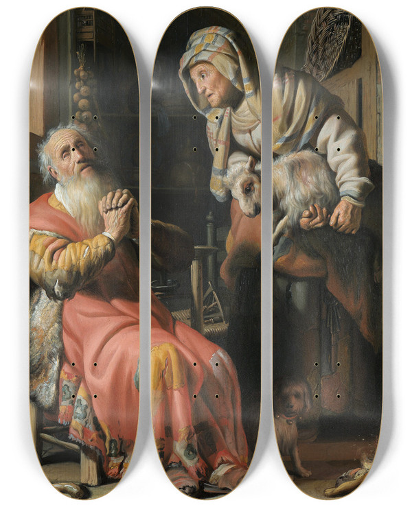 Triptych art skateboard deck of Rembrandt Van Rijn Tobit And Anna With The Kid by Rembrandt Van Rijn (1606-1669)