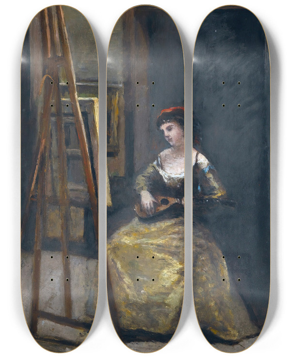Triptych art skateboard deck of Jeanbaptistecamille Corot Jeune Femme Jouant De La Mandoline by Jean-Baptiste-Camille Corot (1796-1875)