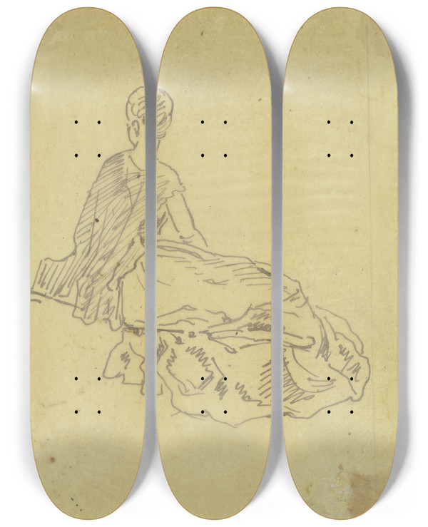 Triptych art skateboard deck of Philipp Rumpf Rckenansicht Einer Lagernden Frau by Philipp Rumpf (1821-1896)