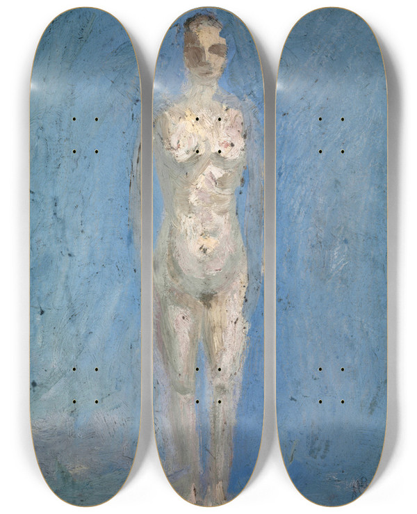Triptych art skateboard deck of Ernst Schiess Nackte Frau Vor Hellem Himmel by Ernst Schiess (1872-1919)