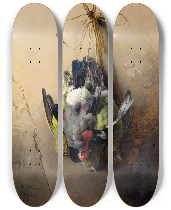 Triptych art skateboard deck of Theodor Lundh Small For The Table Birds by Theodor Lundh (1812-1896)