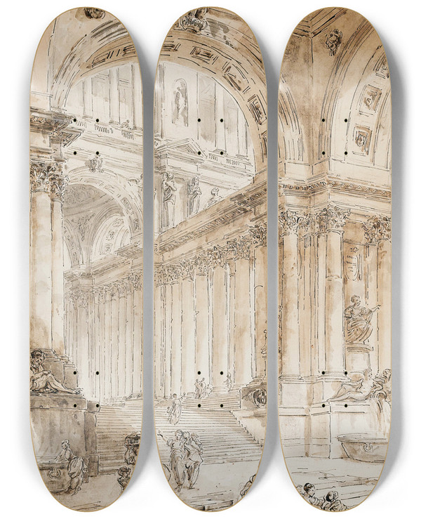Triptych art skateboard deck of Hubert Robert Architectural Composition With Portico by Hubert Robert (1733-1808)