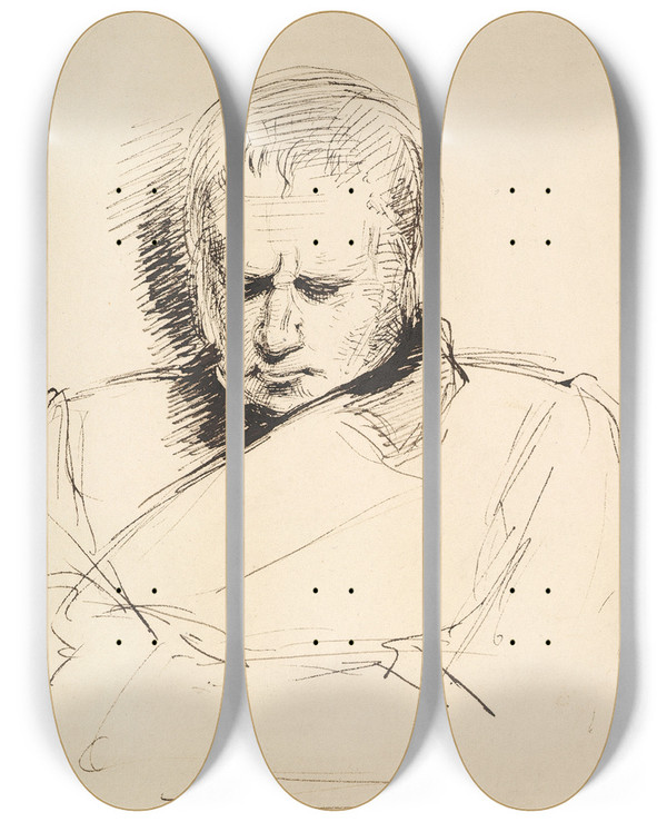Triptych art skateboard deck of George Richmond Study Of A Man Gazing Down by George Richmond (1809-1896)