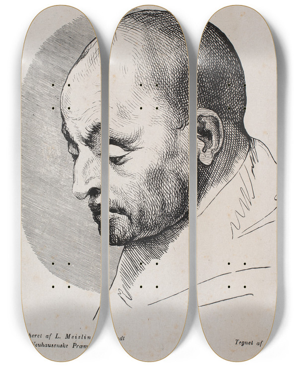 Triptych art skateboard deck of Peter Ludvig Meisling Hovedet Af En Skaldet Mand by Peter Ludvig Meisling (1817-1873)