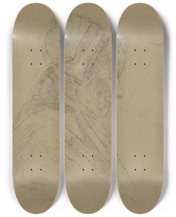 Triptych art skateboard deck of Anton Burger Old Female Spinner In Profile by Anton Burger (1824-1905)