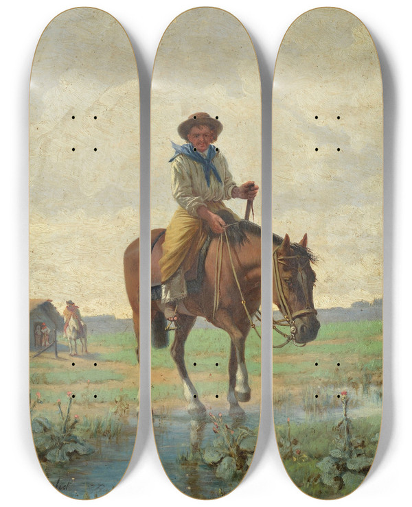 Triptych art skateboard deck of Jos Bouchet A Cowboy by Jose Bouchet (1848-1919)