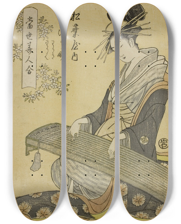 Triptych art skateboard deck of Chokosai Eisho The Courtesan Somenosuke Of The Matsubaya And Attendants Wakagi And Wakaba From The Series A Comparison Of Contemporary Beauties Tosei Bijin Awase by Chokosai Eisho (1792-1799)