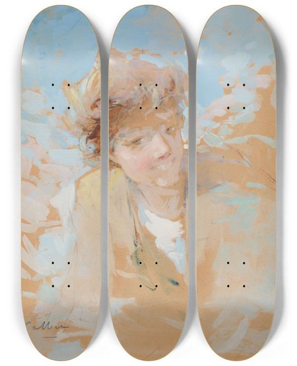 Triptych art skateboard deck of Antoine Calbet Rieuse by Antoine Calbet (1860-1944)