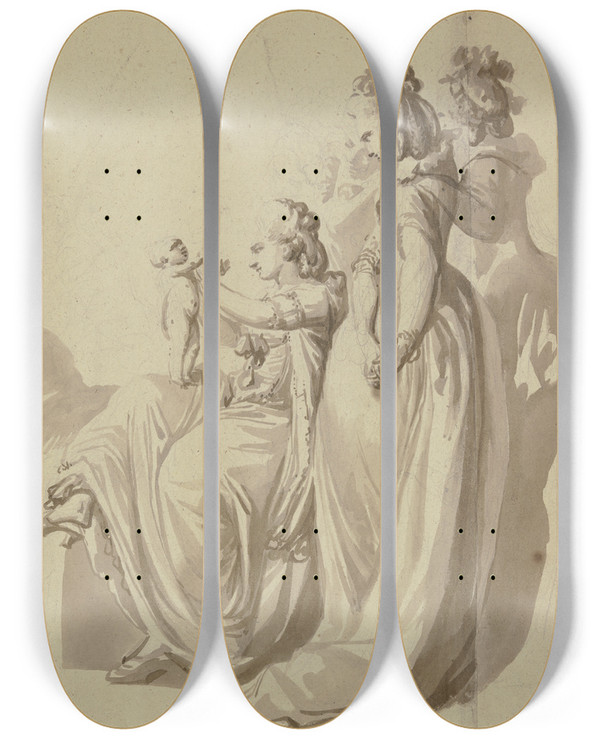 Triptych art skateboard deck of Johann Eleazar Schenau Family Group The Mother Sits Next To Three Standing Figures Holding A Naked Child On Her Knee by Johann Eleazar Schenau (1737-1806)