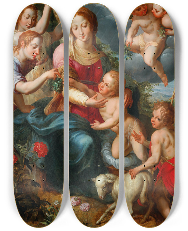 Triptych art skateboard deck of Denys Calvaert The Virgin And Child With The Infant Saint John The Baptist Surrounded By Angels by Denys Calvaert (1540-1619)