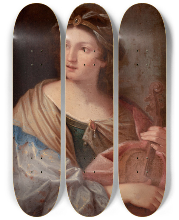 Triptych art skateboard deck of Circle Of Giovanni Andrea Sirani Woman With A Violin Possibly Saint Cecilia by Circle Of Giovanni Andrea Sirani (1610-1670)