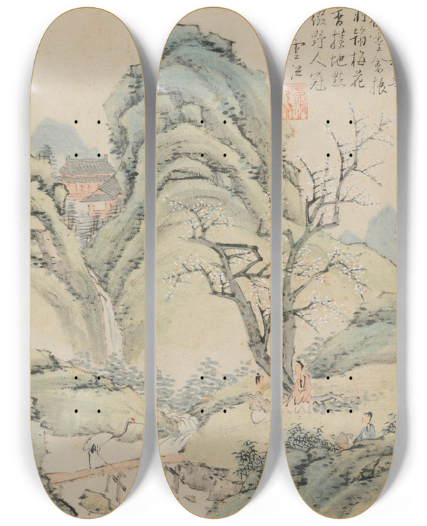 Triptych art skateboard deck of Xiao Yuncong Album Of Seasonal Landscapes Leaf A Previous Leaf 4 by Xiao Yuncong (1596-1673)