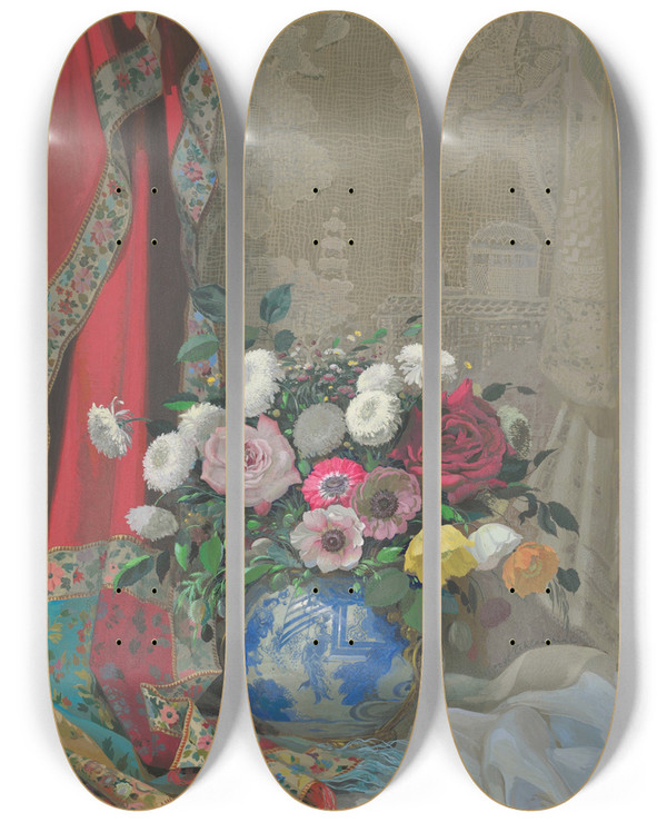 Triptych art skateboard deck of Sergei Chekhonin Still Life With Roses Anemones And Chrysanthemums In A Chinese Vase by Sergei Chekhonin