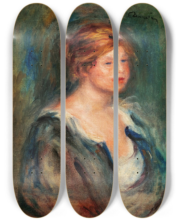 Triptych art skateboard deck of Pierreauguste Renoir Jeune Fille En Bleu Tte De Femme Blonde by Pierre-Auguste Renoir (1841-1919)