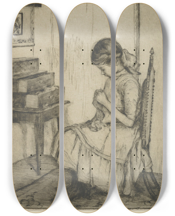 Triptych art skateboard deck of Ernest Haskell Darning by Ernest Haskell (1876-1925)