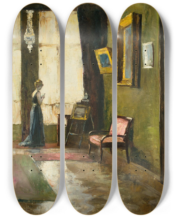 Triptych art skateboard deck of Lesser Ury Dame Am Fenster Vor Staffelei by Lesser Ury (1861-1931)