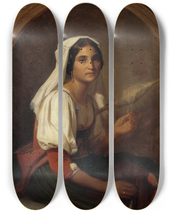 Triptych art skateboard deck of Uno Troili An Italian Woman Spinning Flax by Uno Troili (1815-1875)