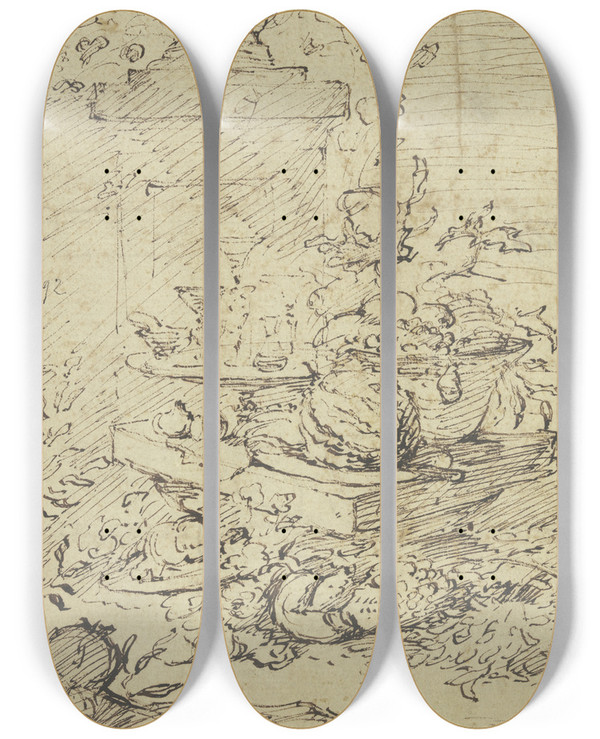 Triptych art skateboard deck of Gavin Hamilton Still Life With Fruits by Gavin Hamilton (1723-1798)