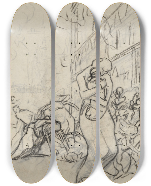 Triptych art skateboard deck of Auguste Louis Lepre Lincendie De Louvain_2 by Auguste Louis Lepere (1849-1918)