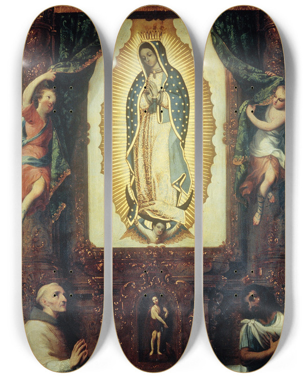 Triptych art skateboard deck of Miguel Cabrera Altarpiece Of The Virgin Of Guadalupe With Saint John The Baptist Fray Juan De Zumrraga And Juan Diego by Miguel Cabrera (1695-1768)