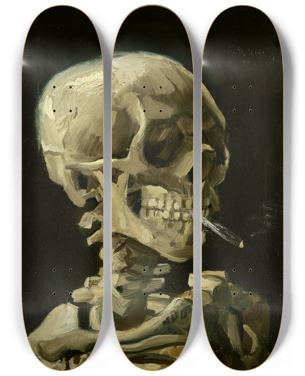 Triptych art skateboard deck of Vincent Van Gogh Head Of A Skeleton With A Burning Cigarette by Vincent van Gogh (1853-1890)