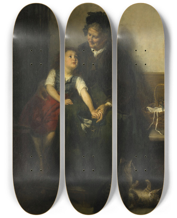 Triptych art skateboard deck of Rudolf Epp With Grandma And Her Cats by Rudolf Epp (1834-1910)