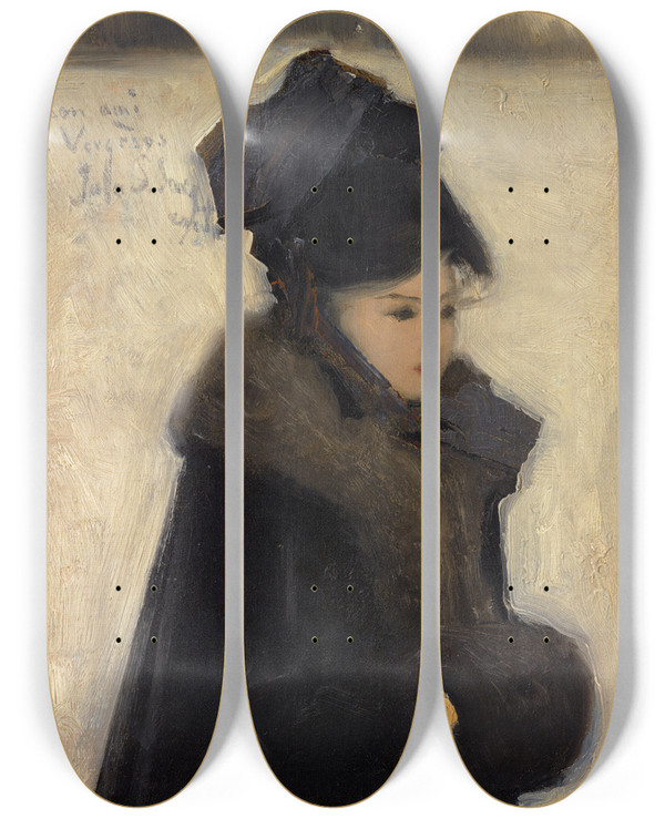 Triptych art skateboard deck of John Singer Sargent Woman With Furs by John Singer Sargent (1856-1925)