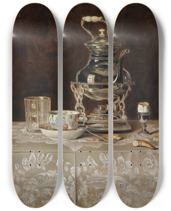 Triptych art skateboard deck of Max Schdl Stillleben Mit Samovar by Max Schodl (1834-1921)