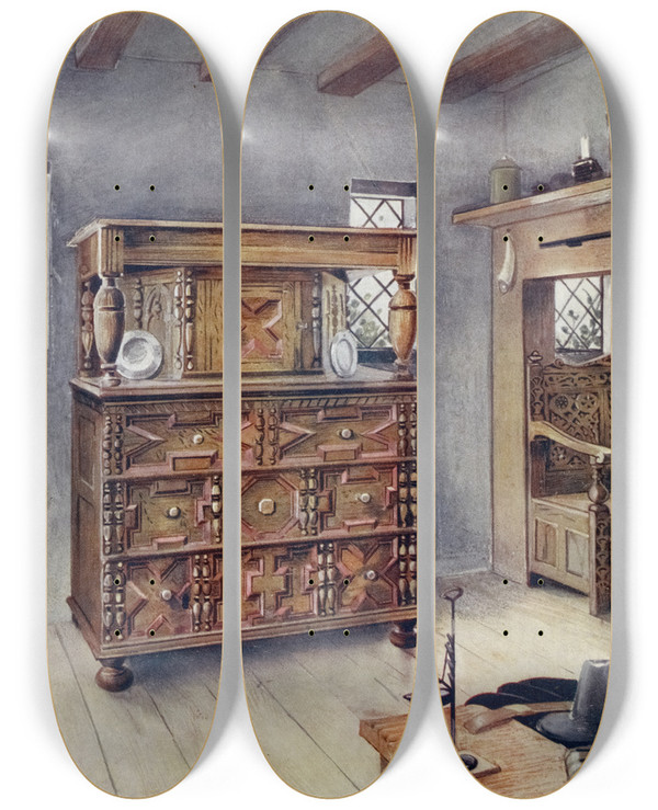Triptych art skateboard deck of Edwin Foley The Putnam Cupboard Of English Oak And Cedar Carved Settle Of American Oak by Edwin Foley (1859-1912)