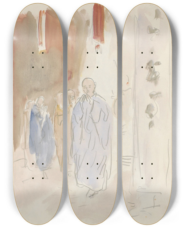 Triptych art skateboard deck of Marius Bauer Boeddhistische Monniken Bij Een Zuil by Marius Bauer (1867-1932)
