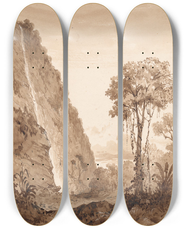 Triptych art skateboard deck of Michel Jean Cazabon Maraccas Waterfall by Michel Jean Cazabon (1813-1888)