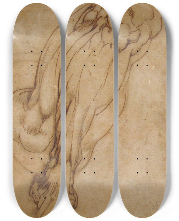 Triptych art skateboard deck of School Of Michelangelo Buonarroti Study Of A Leg by School Of Michelangelo Buonarroti (1475-1564)